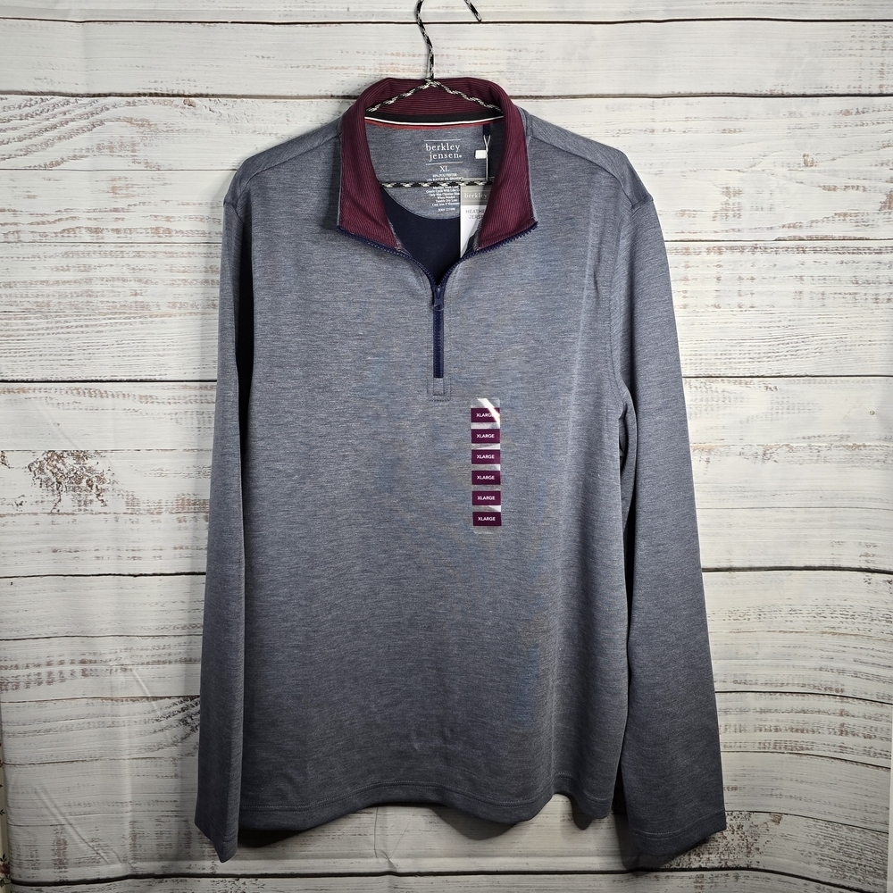 NWT Berkley Jensen Gray Jersey 1/4‎ Zip Pullover with Maroon Collar Mens Size XL